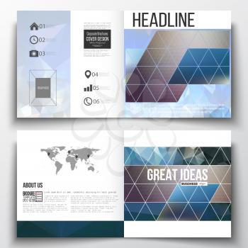 Vector set of square design brochure template. Abstract colorful polygonal background with blurred image on it, modern stylish triangle vector texture. 