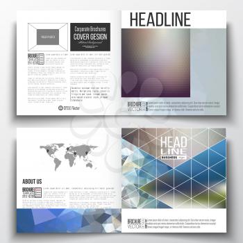 Set of annual report business templates for brochure, magazine, flyer or booklet. Abstract colorful polygonal background with blurred image on it, modern stylish triangle vector texture. 
