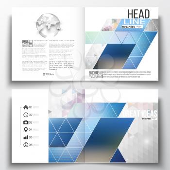 Vector set of square design brochure template. Abstract colorful polygonal background with blurred image on it, modern stylish triangle vector texture. 