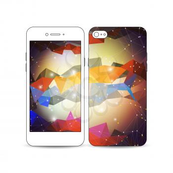 Mobile smartphone with an example of the screen and cover design isolated on white background. Molecular construction with connected lines and dots, scientific pattern on abstract colorful polygonal b