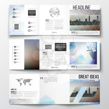 Set of tri-fold brochures, square design templates with element of world map and globe. Abstract colorful polygonal backdrop with blurred image, modern stylish triangular vector texture. 
