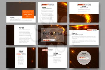 Set of 9 vector templates for presentation slides. Abstract lines background, dynamic glowing decoration, motion design, energy style vector illustration