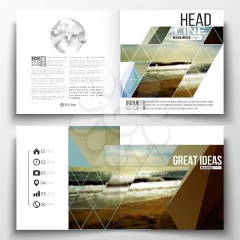 Vector set of square design brochure template. Abstract colorful polygonal backdrop, blurred background, sea landscape, modern stylish triangle vector texture.