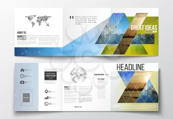 Vector set of tri-fold brochures, square design templates with element of world map and globe. Abstract colorful polygonal background with blurred image on it, modern stylish triangular and hexagonal 