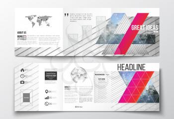 Vector set of tri-fold brochures, square design templates with element of world map and globe. Abstract colorful polygonal background, modern stylish triangle vector texture. 