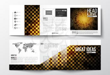 Vector set of tri-fold brochures, square design templates with element of world map. Abstract polygonal background, modern stylish sguare design golden vector texture.