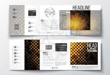 Vector set of tri-fold brochures, square design templates with element of world globe. Abstract polygonal background, modern stylish sguare design golden vector texture.