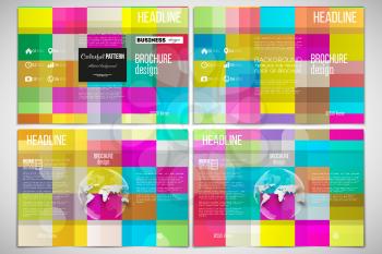 Vector set of tri-fold brochure design template on both sides with world globe element. Abstract colorful business background, modern stylish vector texture.