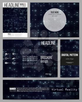 Set of business templates for presentation, brochure, flyer or booklet. Virtual reality, abstract technology background with blue symbols, vector illustration.
