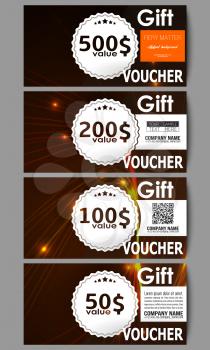 Set of modern gift voucher templates. Abstract lines background, dynamic glowing decoration, motion design, energy style vector illustration.
