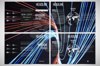 Vector set of tri-fold brochure design template on both sides with world globe element. Abstract lines background, motion design vector illustration.