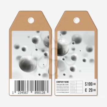 Vector tags design on both sides, cardboard sale labels with barcode. Three dimensional glowing steel spheres, gray background.