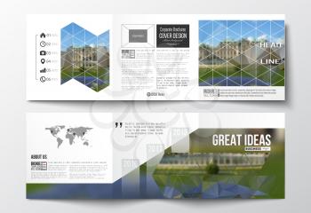 Vector set of tri-fold brochures, square design templates with element of world map. Polygonal background, blurred image, park landscape, modern stylish vector texture.