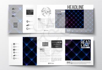 Vector set of tri-fold brochures, square design templates with element of world globe. Abstract polygonal background, modern stylish sguare vector texture.