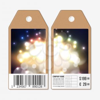 Vector tags design on both sides, cardboard sale labels with barcode. Firework, blurry background with bokeh effect.