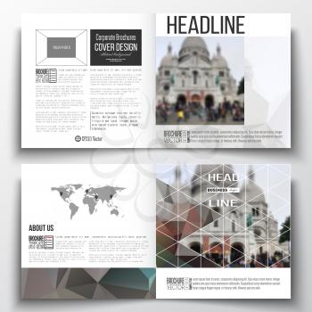 Vector set of square design brochure template. Polygonal background, blurred image, view of cathedral Sakre-Ker, Paris cityscape, modern triangular vector texture.