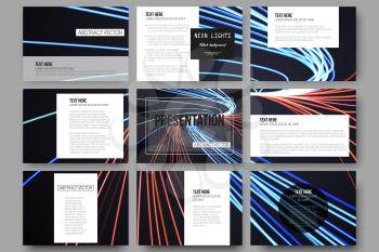 Set of 9 vector templates for presentation slides. Abstract lines background, motion design vector illustration.