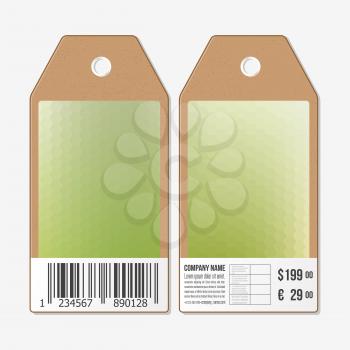 Vector tags design on both sides, cardboard sale labels with barcode. Blurred background. Polygonal design, geometric hexagonal background.