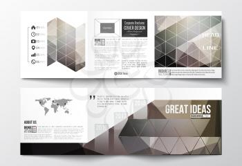 Vector set of tri-fold brochures, square design templates with element of world map. Abstract blurred background, modern stylish dark vector texture.