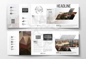 Vector set of tri-fold brochures, square design templates with element of world globe. Polygonal background, blurred image, urban landscape, cityscape of Prague, modern triangular texture