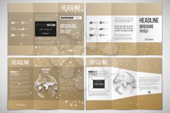 Vector set of tri-fold brochure design template on both sides with world globe element. Polygonal backdrop with connecting dots and lines, golden background, connection structure. Science vector