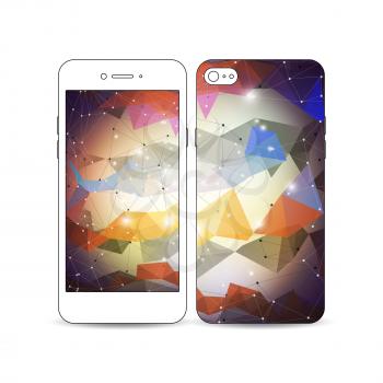 Mobile smartphone with an example of the screen and cover design isolated on white background. Molecular construction with connected lines and dots, scientific pattern on colorful polygonal background