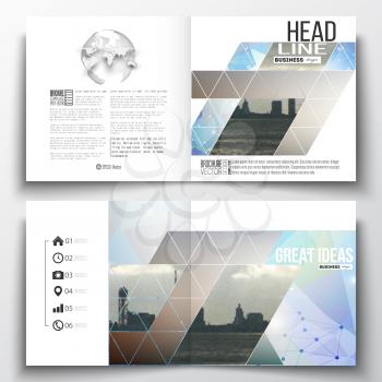 Vector set of square design brochure template. Abstract colorful polygonal backdrop with blurred image, modern stylish triangular vector texture. 