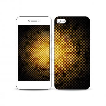 Mobile smartphone with an example of the screen and cover design isolated on white background. Abstract polygonal background, modern stylish sguare design golden vector texture.