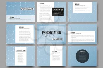 Set of 9 vector templates for presentation slides. Chemistry pattern, hexagonal design vector illustration