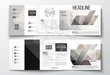 Vector set of tri-fold brochures, square design templates with element of world globe. Abstract blurred background, modern stylish dark vector texture.