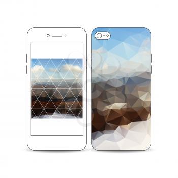 Mobile smartphone with an example of the screen and cover design isolated on white background. Colorful polygonal backdrop, blurred background, mountain landscape, modern triangle vector texture