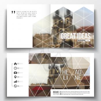Set of annual report business templates for brochure, magazine, flyer or booklet. Polygonal background, blurred image, urban landscape, cityscape of Prague, modern triangular texture