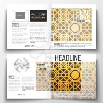 Set of square design brochure template. Islamic golden vector texture, geometric pattern, abstract ornament. Beautiful background with arabic calligraphy which means -Eid al Fitr- for muslim community