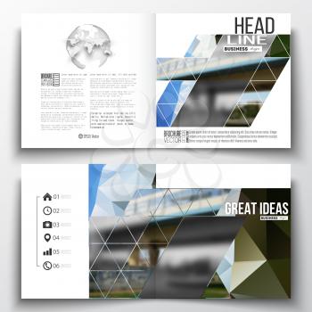 Set of annual report business templates for brochure, magazine, flyer or booklet. Colorful polygonal background, blurred image, urban scene, modern stylish triangular vector texture.