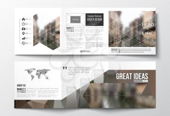 Vector set of tri-fold brochures, square design templates with element of world map. Polygonal background, blurred image, urban landscape, modern stylish triangular vector texture.