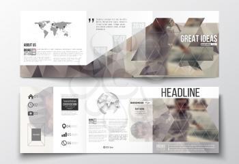 Vector set of tri-fold brochures, square design templates with element of world map and globe. Polygonal background, blurred image, vacation, travel, tourism. Modern triangular vector texture.