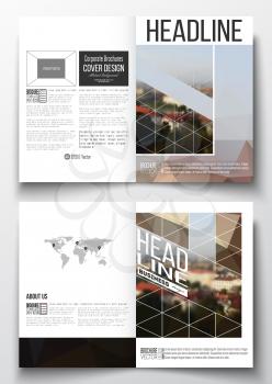 Set of business templates for brochure, magazine, flyer, booklet or annual report. Polygonal background, blurred image, urban landscape, cityscape of Prague, modern triangular texture