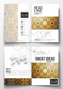 Set of business templates for brochure, magazine, flyer, booklet or annual report. Islamic golden vector texture, geometric pattern, abstract ornament with arabic calligraphy which means -Eid al Fitr-