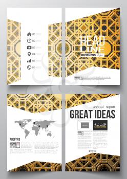 Set of business templates for brochure, magazine, flyer, booklet. Islamic golden vector texture, geometric pattern, arabic calligraphy which means - Eid al Fitr- for muslim community.