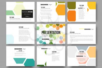Set of 9 vector templates for presentation slides. Abstract colorful business background, modern stylish hexagonal vector texture.