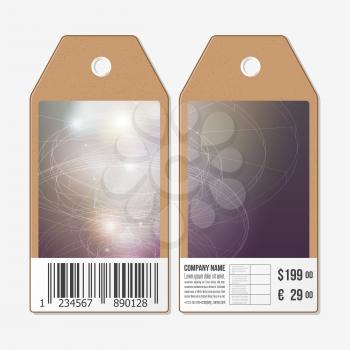 Vector tags design on both sides, cardboard sale labels with barcode. Abstract science vector background.