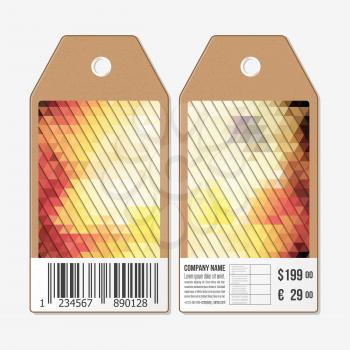 Vector tags design on both sides, cardboard sale labels with barcode. Polygonal design, colorful geometric triangular backgrounds.