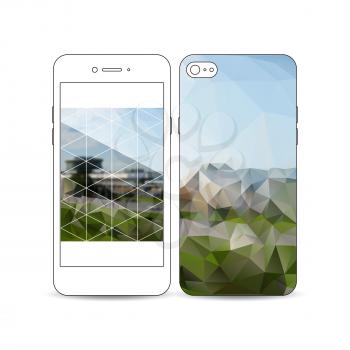 Mobile smartphone with an example of the screen and cover design isolated on white background. Colorful polygonal background, blurred image, airport landscape, modern stylish triangular vector texture