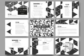 Set of 9 vector templates for presentation slides. Triangular vector pattern. Abstract black triangles on white background.