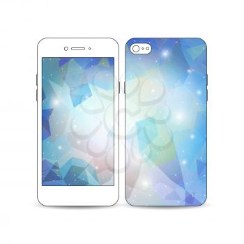 Mobile smartphone with an example of the screen and cover design isolated on white. Abstract colorful polygonal background, modern stylish triangle vector texture.