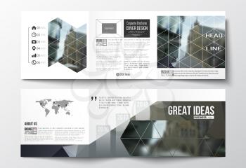 Set of tri-fold brochures, square design templates with element of world map. Polygonal background, blurred image, urban landscape, modern stylish triangular vector texture.