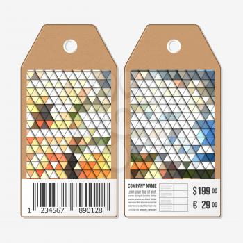 Tags on both sides, cardboard sale labels with barcode. Polygonal design, colorful geometric triangular backgrounds.