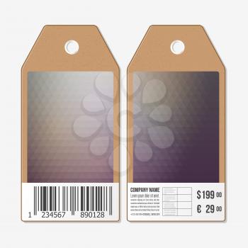 Tags on both sides, cardboard sale labels with barcode. Polygonal design, geometric triangular backgrounds.