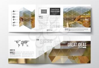 Vector set of tri-fold brochures, square design templates with element of world map. Colorful polygonal backdrop, blurred background, modern stylish triangle vector texture.