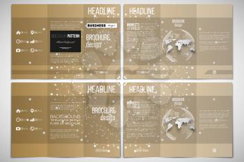 Vector set of tri-fold brochure design template on both sides with world globe element. Polygonal backdrop with connecting dots and lines, golden background, connection structure. Science vector